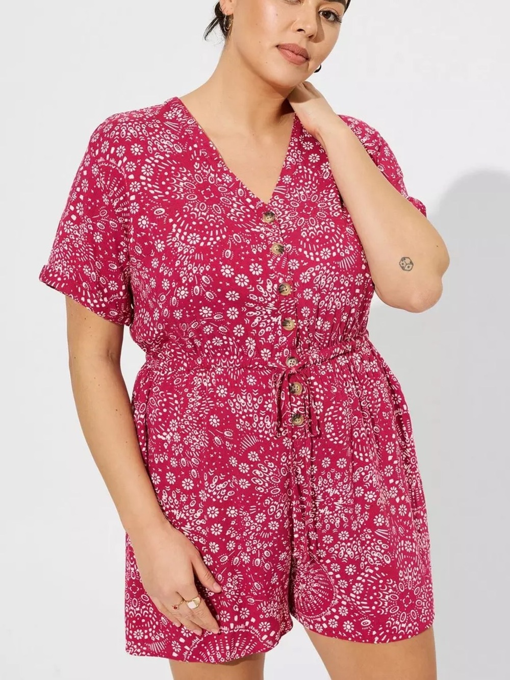 Torrid Pink Mandala Rayon Slub Button Front Romper 3X 40285748